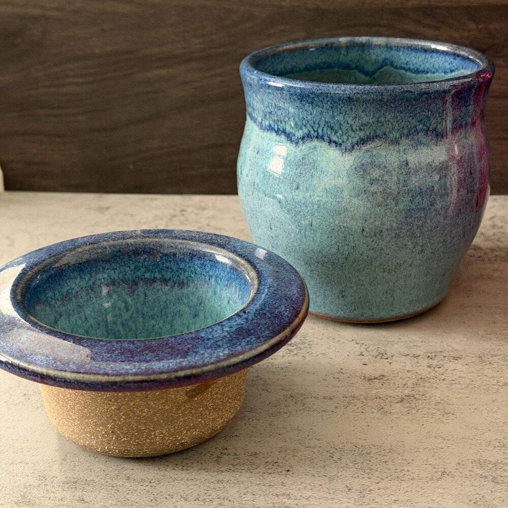 Vintage Studio Pottery Blue Butter Dip Chiller Tom's Thumb Pottery Lebanon ME - Picture 2 of 8